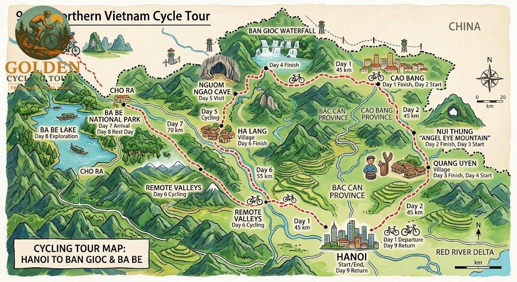 9-Day Golden Route Loop Cycling Tour: Hanoi to Cao Bang & Ba Be Lake